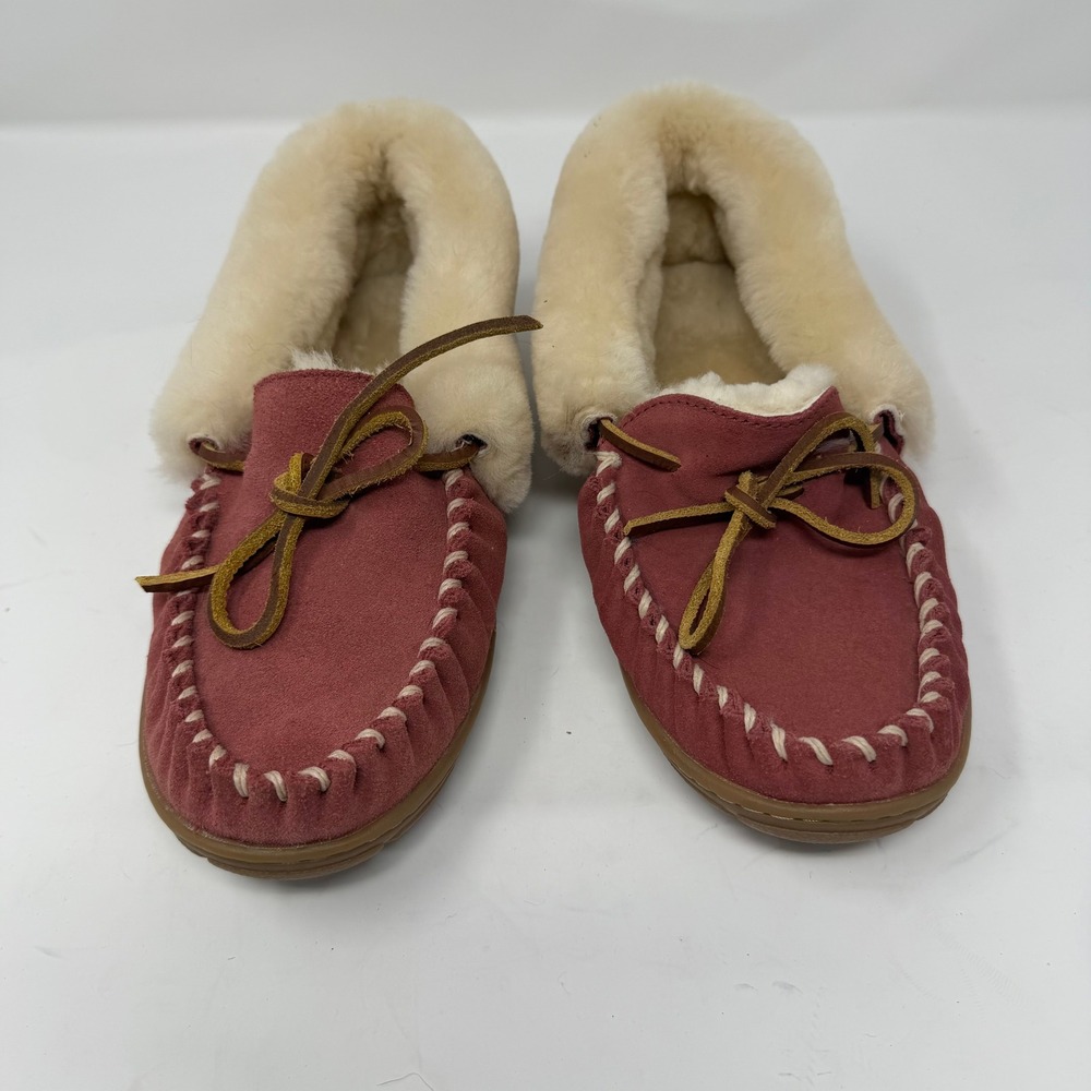 LL Bean Wicked Good Moccasin Slipper Rosewood Suede Shearling Women Size 8